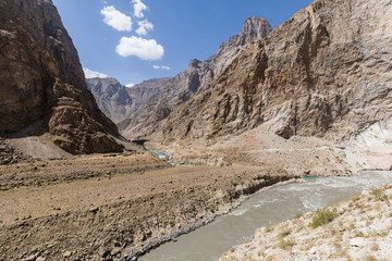 Border river Panj River in Wakhan valley with Tajikistan right and Afghanistan left