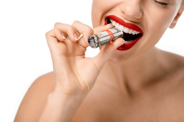 cropped shot of naked girl smoking rolled dollar banknotes isolated on white