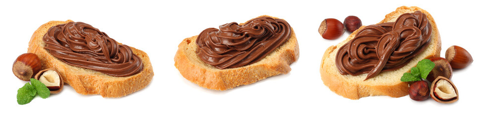 Slice of bread with chocolate cream with hazelnut isolated on white background