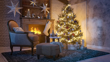 3d illustration Christmas tree near the fireplace with gift