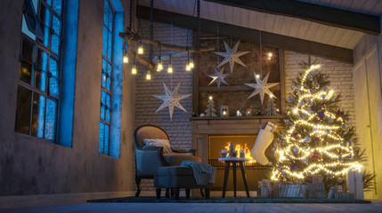 Fototapeta na wymiar Glowing Christmas tree in the loft interior near the fireplace