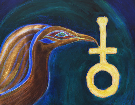 Ibis representing Thoth, the Egyptian god on a blue background. The dabbing technique near the edges gives a soft focus effect due to the altered surface roughness of the paper...