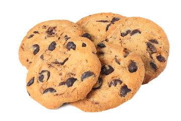Chocolate chip cookies isolated on white background. Sweet biscuits. Homemade pastry.