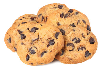Chocolate chip cookies isolated on white background. Sweet biscuits. Homemade pastry.