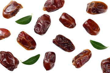 date fruits with green leaves isolated on white background. top view