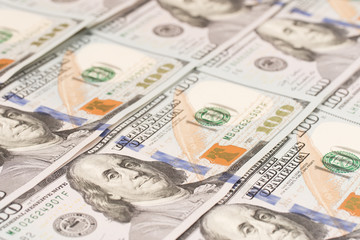 Dollars background, hundred USA dollar banknote bills, many American cash money