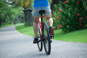 Naklejka premium Woman riding mountain bike in tropical park