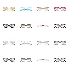 Vector illustration of glasses and frame logo. Set of glasses and accessory vector icon for stock.