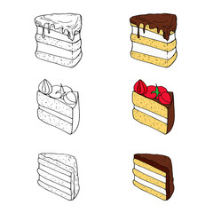 Set of sweet cakes with different toppings in two styles. Perfect for menu, card, textile, food packaging design.