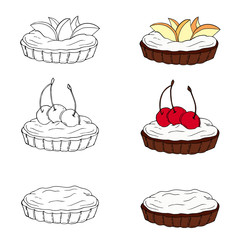 Set of sweet tartlets with different toppings in two styles. Perfect for menu, card, textile, food packaging design.
