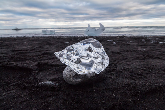 Crystal Ice On Black Diamond Beach, Iceland