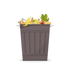 Trash bin filled with food waste. Illustration for organic waste, zero waste theme, modern environmental problem. Colored flat icons, vector design
