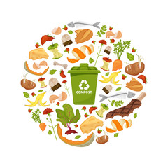 Round template Organic waste theme. Collection of fruits and vegetables. Illustration for home food processing and compost, organic waste, zero waste, environmental problem. Flat icons, vector design - 238520366