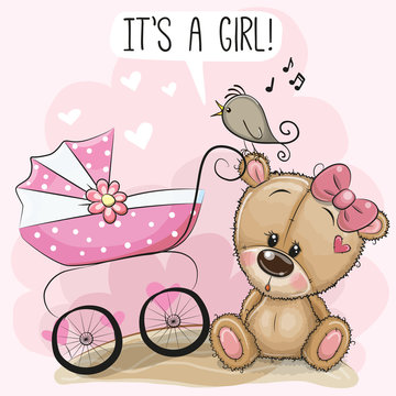 Baby carriage and teddy bear