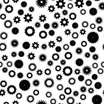 Cog wheel seamless pattern. Clockwork, technological or industrial theme. Flat vector background in black and white.
