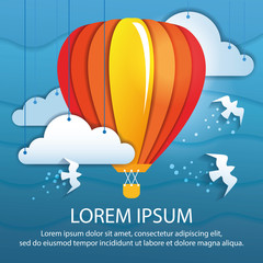 Air balloon vector illustration origami and paper collage style. Fling balloon with white birds in the clouds. Poster template
