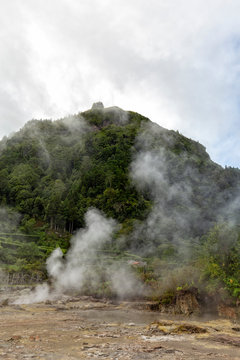 Portrait view of thermal vents at Fumarolas da Lagoa das Furnas on Sao Miguel island.