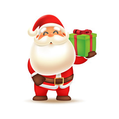 Santa Claus carrying gift box. Merry Christmas and Happy New Year! Holiday greeting card. Isolated vector illustration