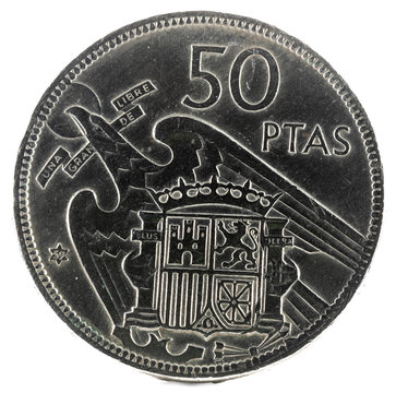 Old Spanish coin of 50 pesetas, Francisco Franco. Year 1957, 59 in the star. Reverse.
