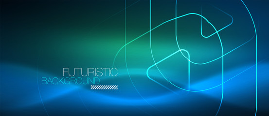 Neon glowing techno lines, hi-tech futuristic abstract background template with geometric shapes