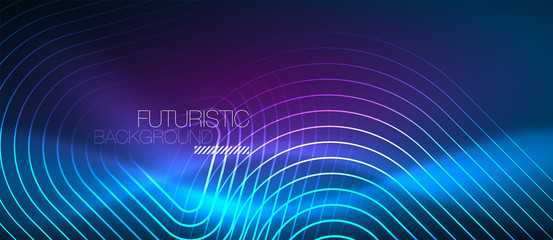 Neon glowing techno lines, hi-tech futuristic abstract background template with geometric shapes