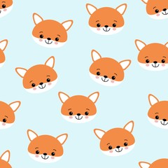 Cute foxes seamless vector pattern. Orange fox's head on blue background