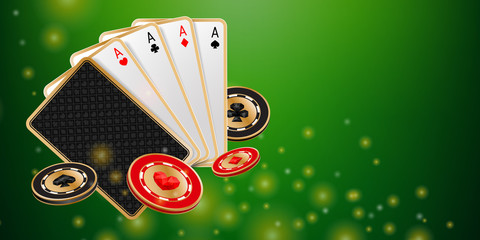Casino banner with playing cards and chips on green background. Poker hand