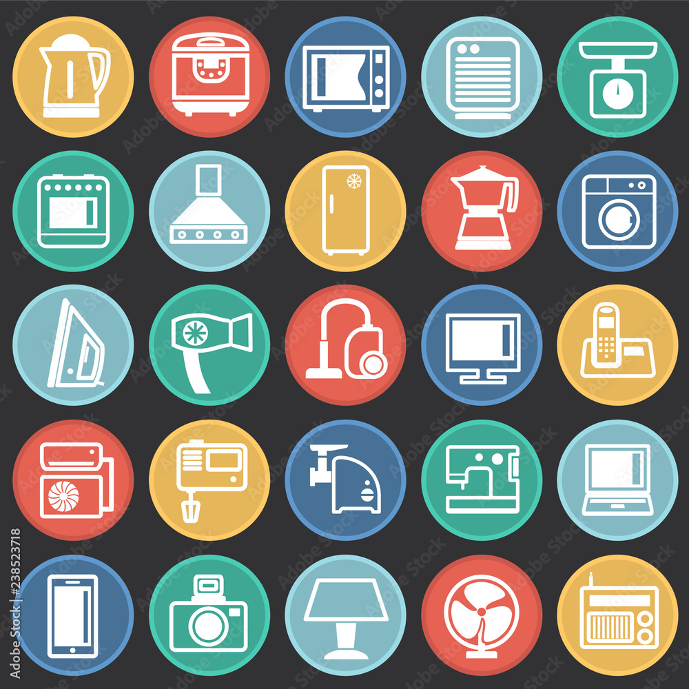 Poster home appliance icons set on color circles black background for graphic and web design, modern simple