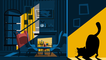 cat shadow in living room vector illustration 