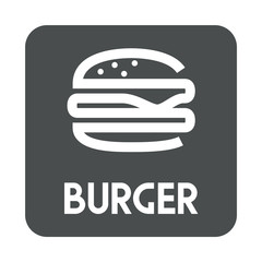 Icono plano con texto BURGER con hamburguesa lineal en cuadrado gris