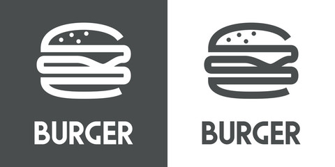 Logotipo con  texto BURGER con hamburguesa lineal en gris y blanco