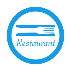 Icono plano texto Restaurant con tenedor en espacio negativo entre cuchillos en c&iacute;rculo color azul