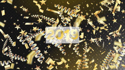 2019 Magic Glitter Confetti, Golden Foil Tinsel Trail. Horizontal Fairy Explosion Background. Cool Rich VIP Christmas, New Year, Birthday Party Holiday Scatter. Magic Glitter Confetti Tinsel