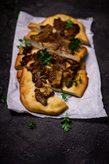 Wild mushroom pizza.. Top view. selective focus