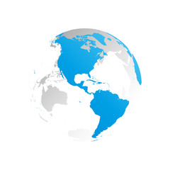 Fototapeta na wymiar 3D planet Earth globe. Transparent sphere with blue land silhouettes. Focused on Americas.