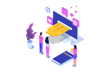Online cinema tickets booking isometric concept. Mobile app. Vector illustration