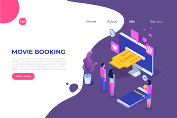 Online cinema tickets booking isometric concept. Mobile app. Vector illustration