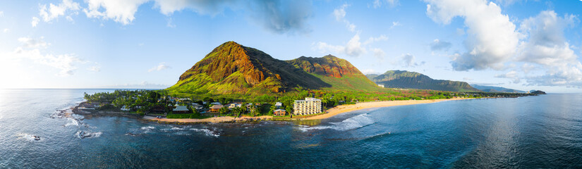 Aerial panorama of the western coast of the island of Oahu, Hawaii, USA