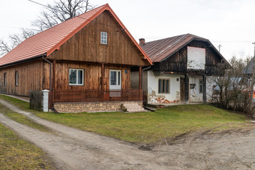 Fototapeta na wymiar Very old polish village Jacmierz with the wooden houses. Southern Poland