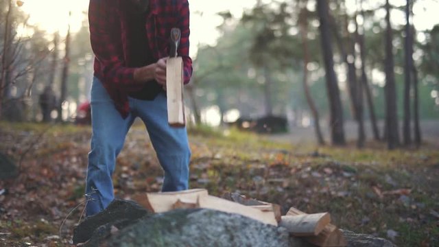 Man chops wood with axe in the forest. Forester cuts wood. Wood chopping. Slow motion.