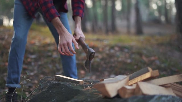 Man chops wood with axe in the forest. Forester cuts wood. Wood chopping. Slow motion.