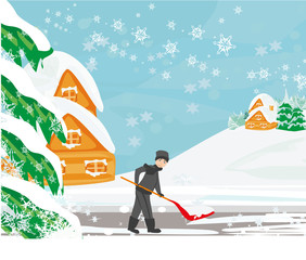 Man shoveling snow on winter landscape