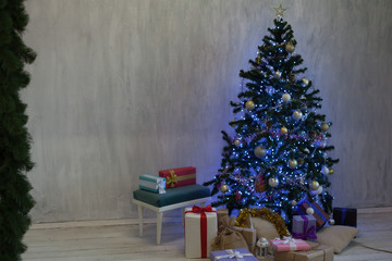 Christmas tree with presents, Garland lights new year winter home decoration