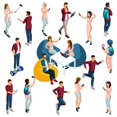 Isometry is a set of vector characters in different poses, 3d teenagers, modern girls and guys, doing different actions. Set of people for Vector illustrations