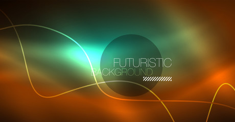 Abstract shiny glowinng color wave design element on dark background - science or technology concept