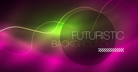 Abstract shiny glowinng color wave design element on dark background - science or technology concept