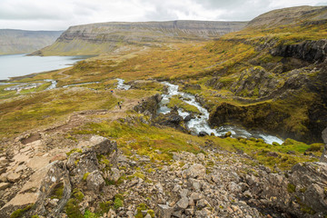 Fototapeta premium Wild westfjord landscape near Dynjandi waterfall, Iceand