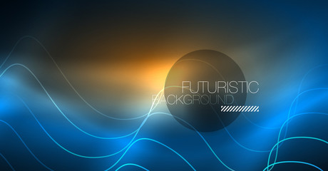 Glowing abstract wave on dark, shiny motion, Christmas and New Year magic space light. Techno abstract background