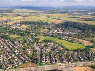 Fototapeta na wymiar Aerial view of residential neighborhood in Chiangrai, Thailand.