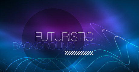 Glowing abstract wave on dark, shiny motion, Christmas and New Year magic space light. Techno abstract background